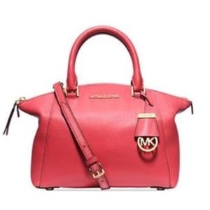 Michael Kors Pebbled Leather Coral Riley Medium Satchel Bag with Gold Hardware